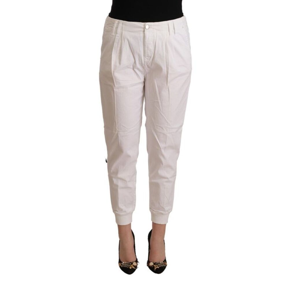Met White Cotton Mid Waist Tapered Cropped Women's Pants